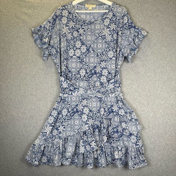 Michael Michael Kors Womens Size XL Ruffled Wrap Mini Dress Blue Floral Stretch - Picture 1 of 7